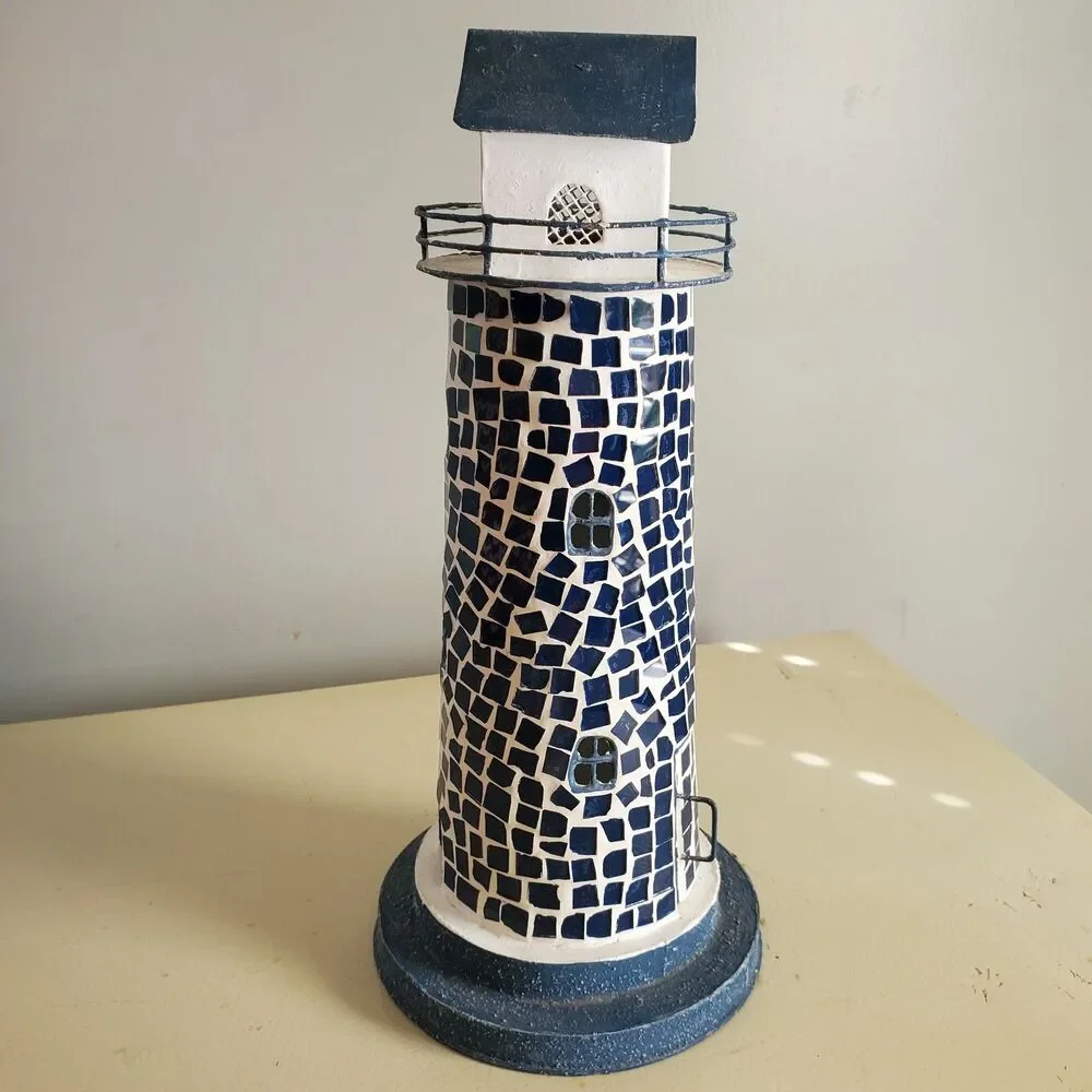 Light House tea Lite Candle Decor Crushed Glass/Tin  12